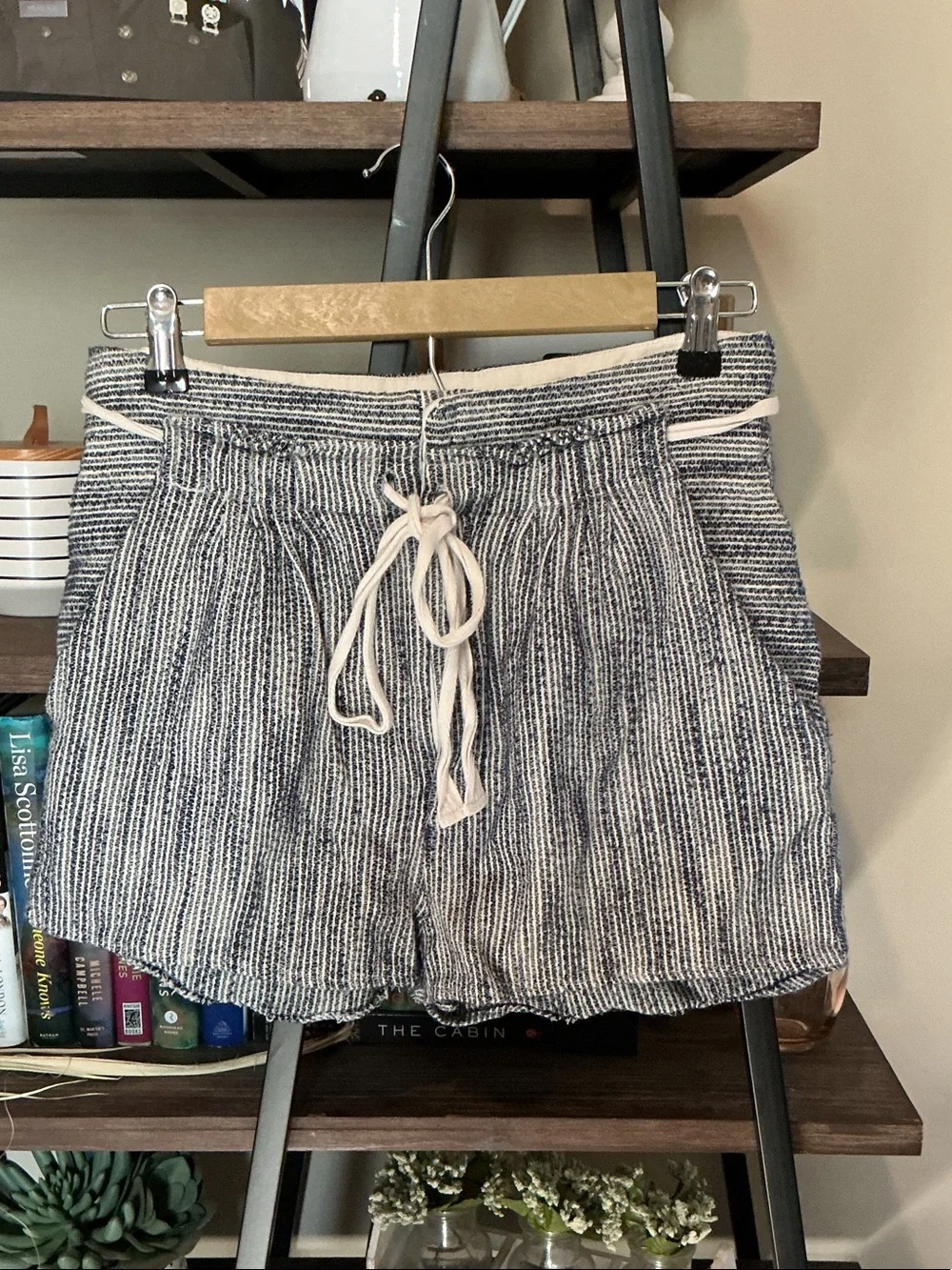 Free People Light at Sunrise Navy and White Striped High-Waist Drawstring Shorts